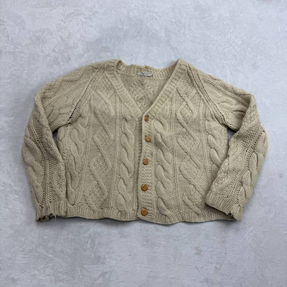 Vintage Hand Made in Italy Women's Cardigan Cream Size L Wool Cable Knit Sweater